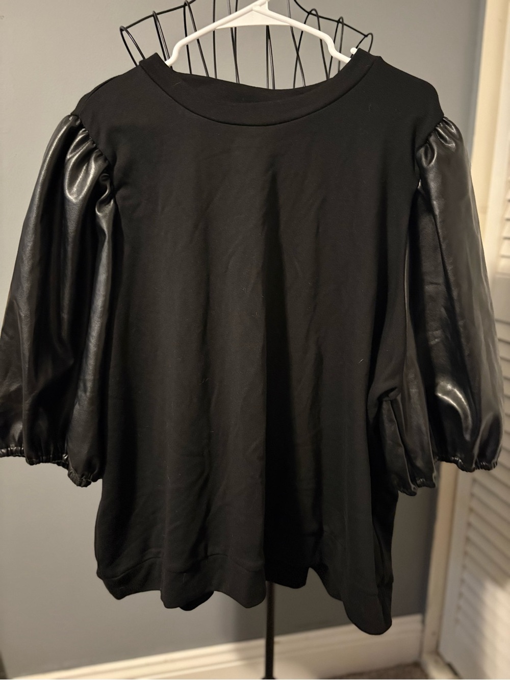 Eloquii Black Puff Sleeve Sweatshirt with Faux Leather Sleeves